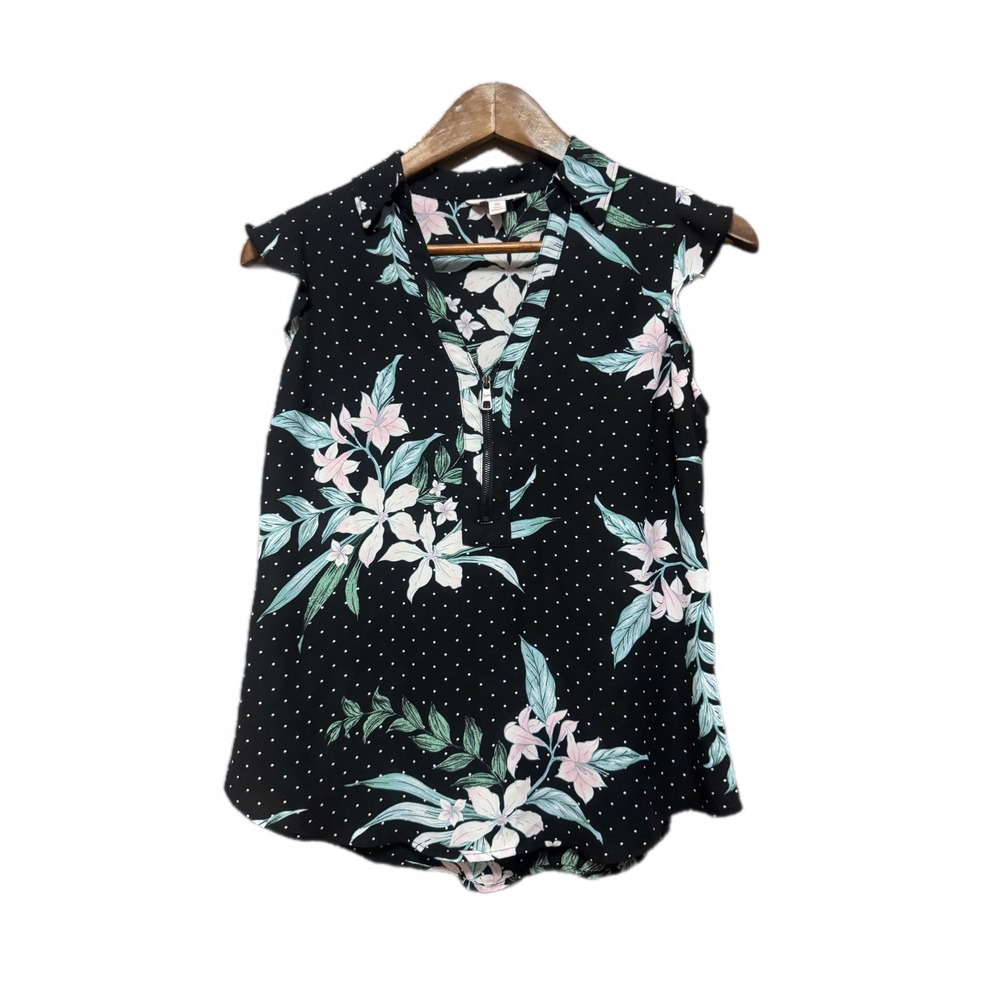Candie's Floral Polka Dot Blouse Women XS Black Excellent Zip Flutter Sleeve